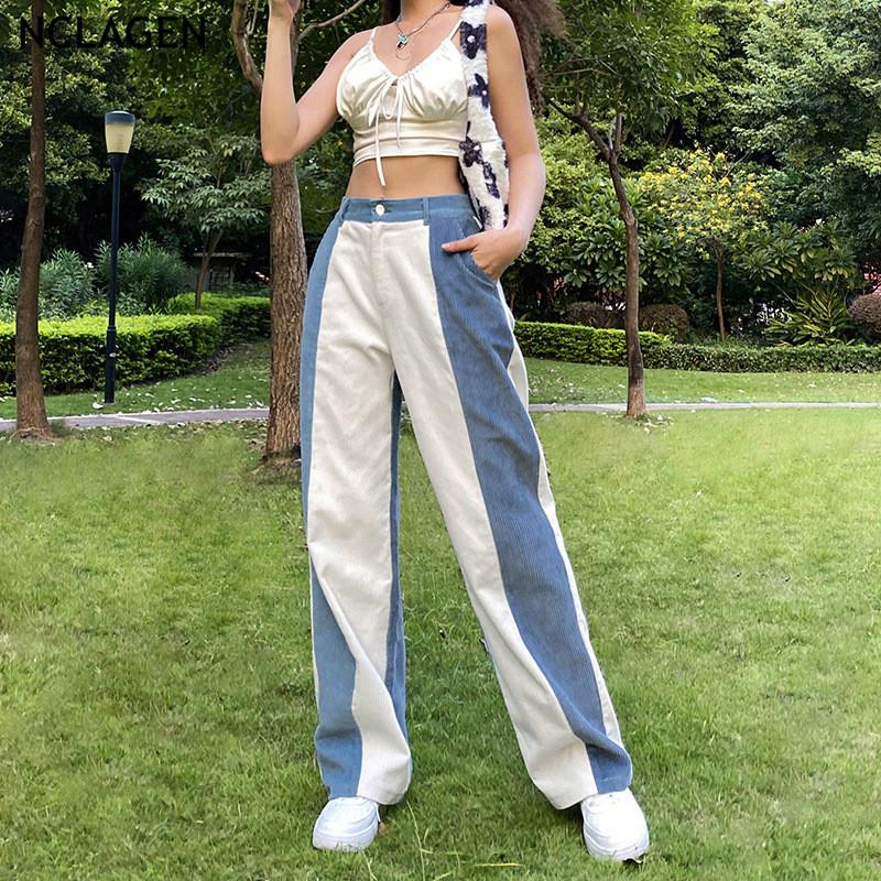

Women' Pants & Capris NCLAGEN Fashion Contrast Color Corduroy Ribbed Women High Waist Streetwear Loose Casual Trousers Vintage Stylish, Blue