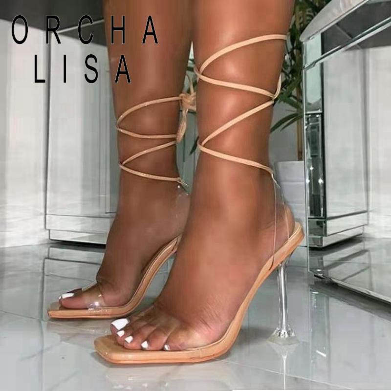 

LISA 2021 Ladies Sandals Open Toe Strange High Heels Lace-Up Simple Transparent Sexy Big Size 43 Party Club C2343, Black