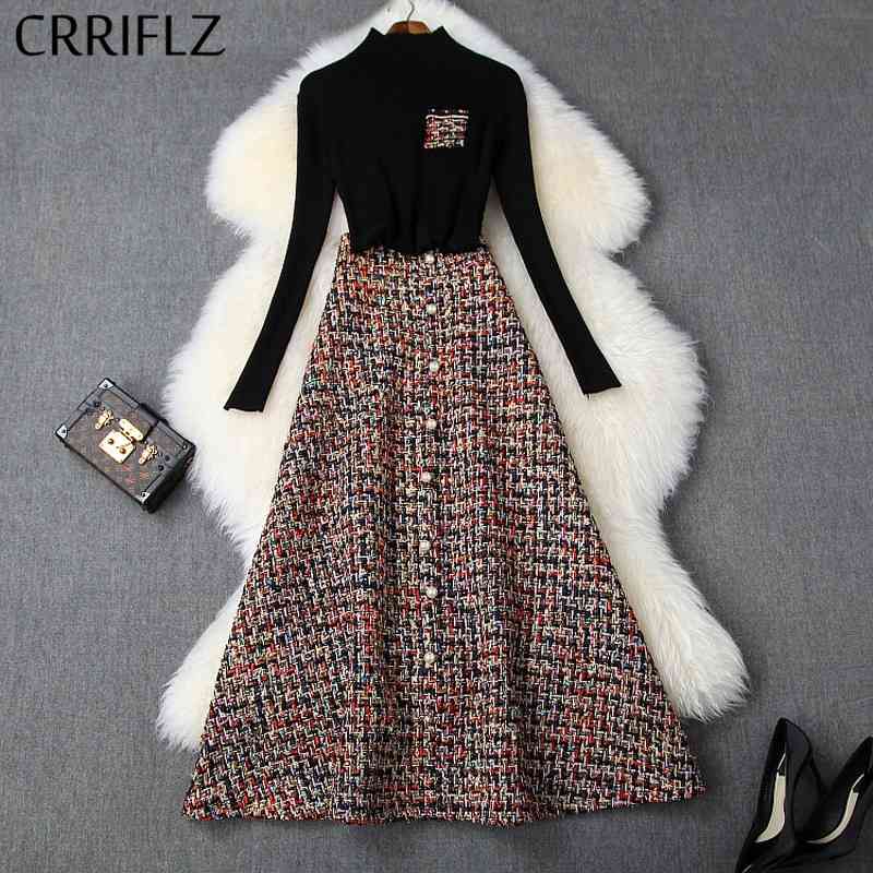 

Winter Women Set Full Sleeve Turtlenck Pullover Tweed Retro Big Swing Skirt 2 Piece Elegant Slim Patry Dress 210520, Black