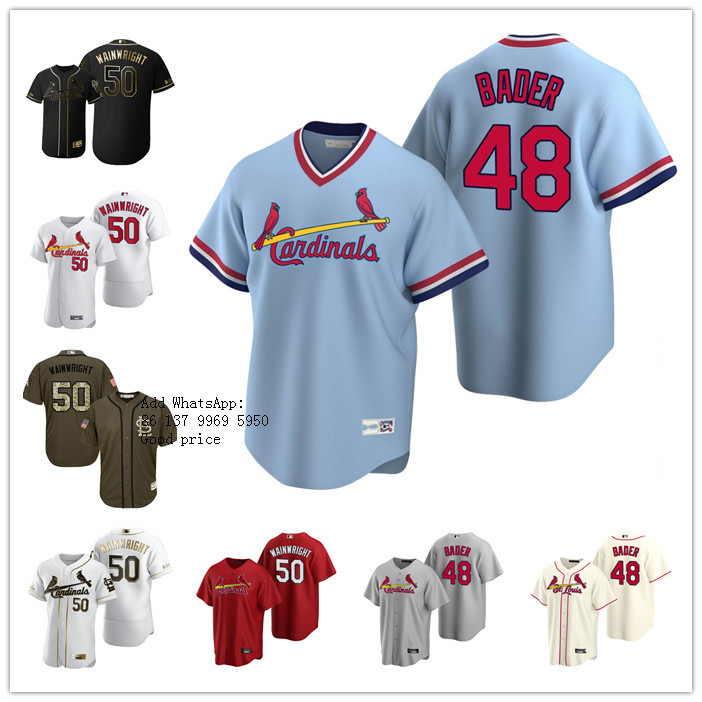 

Custom Men women youth St.''Louis''Cardinals 50 Adam Wainwright 48 Harrison Bader White gray red blue Cooperstown Collection Home Jersey