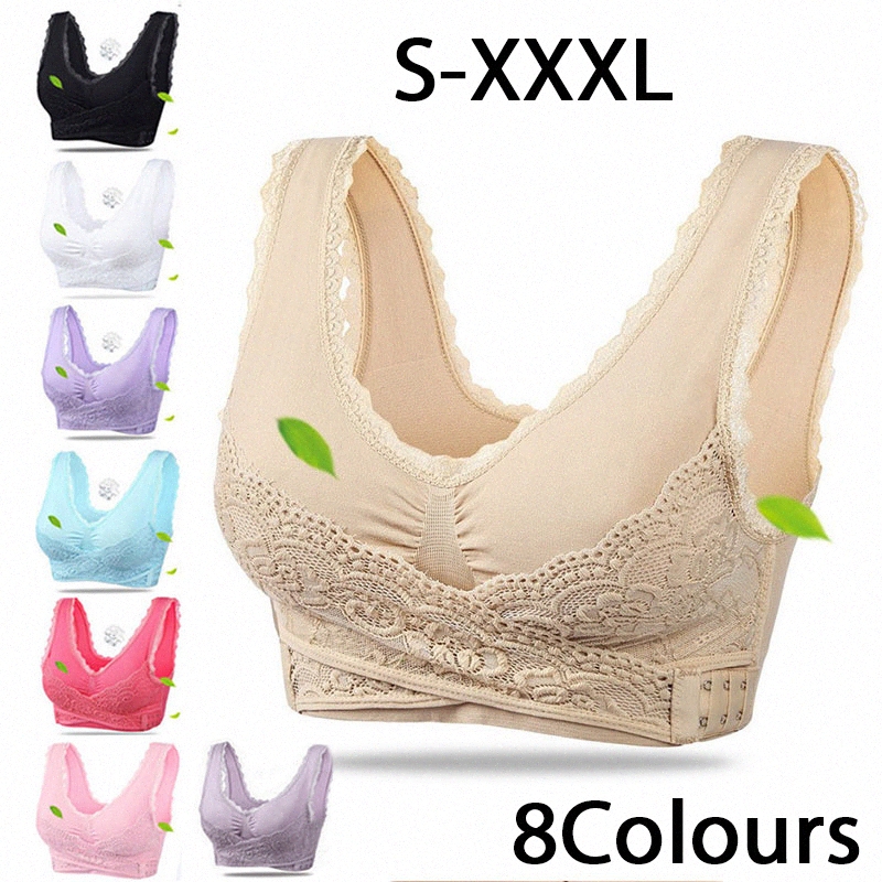 

S-XXXL 2019 Women Sports Bra Solid Color Lace Gathered Cross Comfortable Front Buckle Multi-color Optional Fashion g98J#, 001