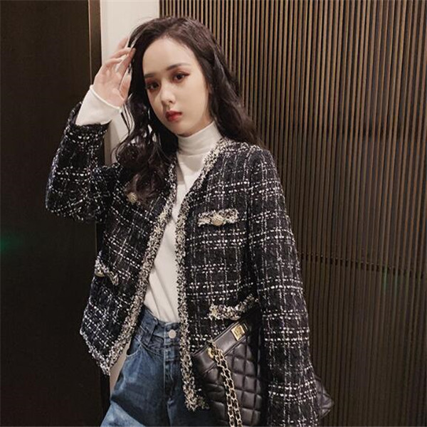 

2021 Spring Autumn Women's Ladies Woolen Jacket Women Tweed Suit Cardigan Jackets Coat Outerwear Coats Clothes, Black;brown