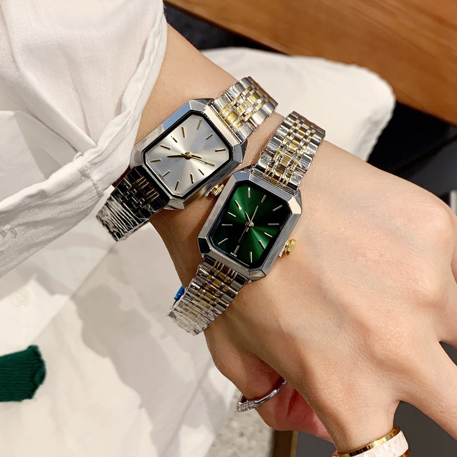 

Brand Watches Women Ladies Girl Rectangle Style Dial Metal Steel Band Quartz Luxury Wrist Watch X211, Gold white