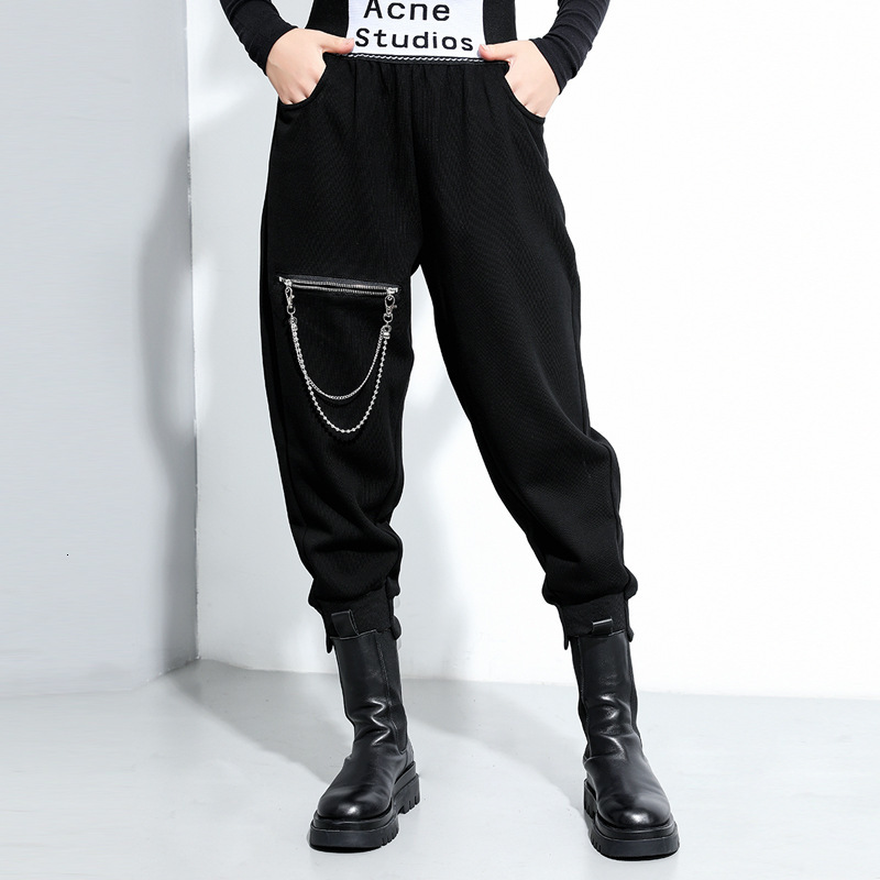 

pants trousers autumn 2021 elastic waist zipper decorative women's harem solid color fashion brand casual 1010, Black;white