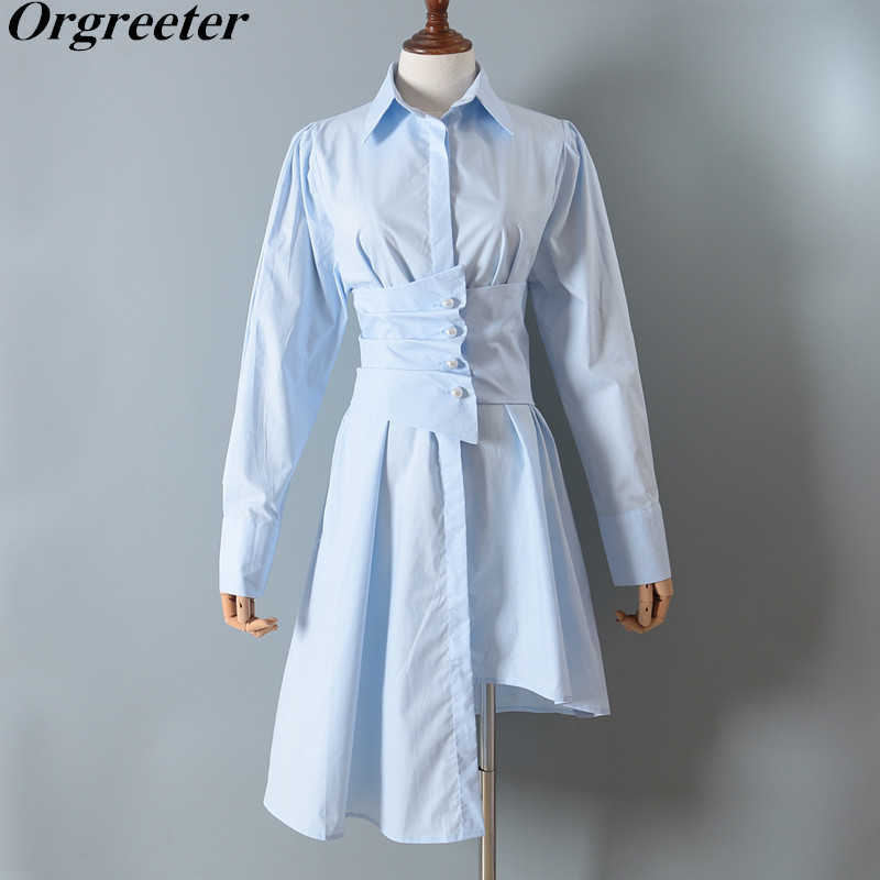 

Fashion Shirt Dress Women Spring Irregular Hem Pearl Elastic Girdle Slim Knee-length Fall 210525, Blue