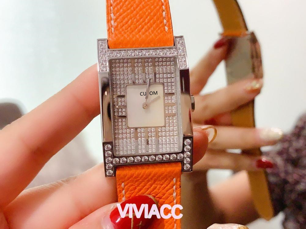 

Handmade genuine leather women quartz watch rectangle full diamond dial wristwatch mother of pearl classic brand female clock, As photo