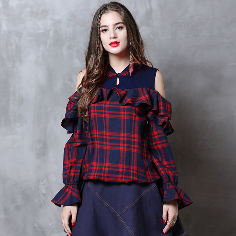 

Johnature Autumn Fashion All-match Plate Buckle Ruffles Retro Plaid Shirt Simple Leisure Stand Long Sleeve Women Shirt 210521, Red