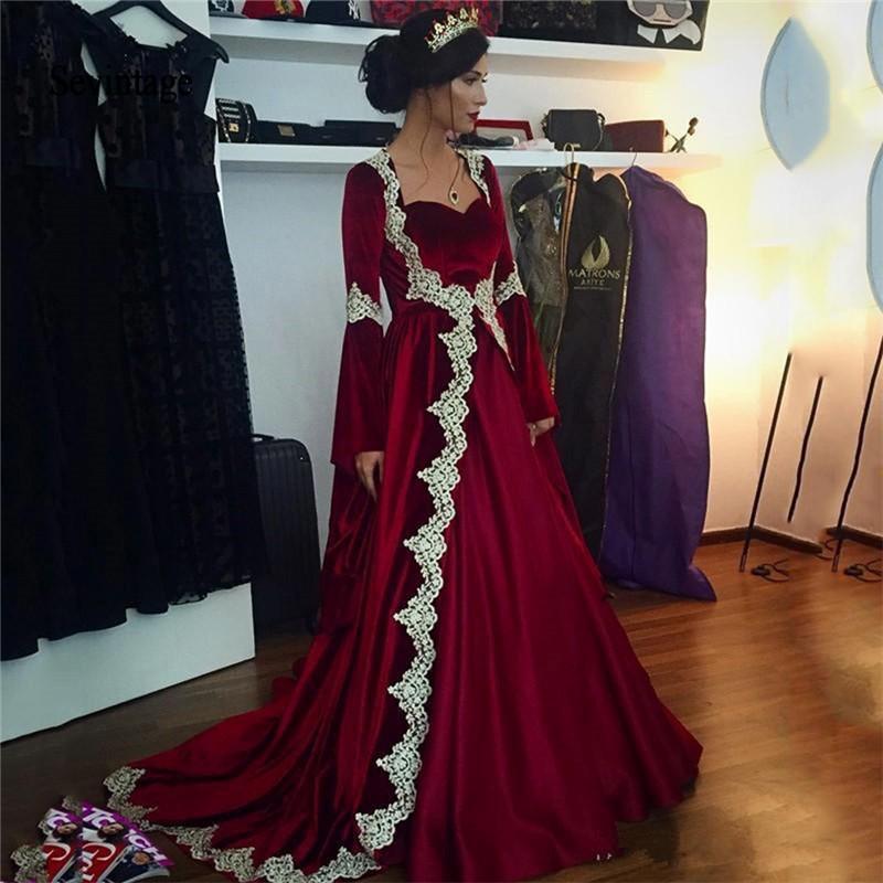 

Party Dresses Sevintage Burgundy Velvet Muslim Evening Long Flare Sleeves Lace Applique Saudi Arabic Formal Woman Dress, Black