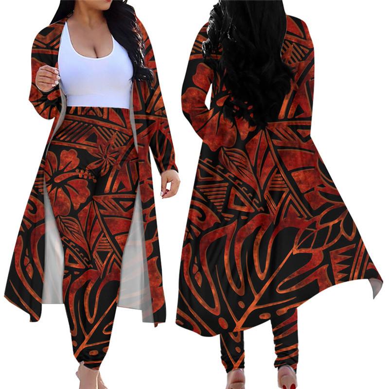 

Women's Two Piece Pants Vintage Women 2 Cardigan Skinny Long Suit Elegant Dark Red Polynesian Tribal Printed Coat High Waist Legging Set, Htae866d48