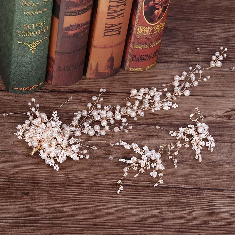 

Wedding Jewelry Sets FORSEVEN Exquisite Handmade Weave Flower Bridal Hair Band Long Earrings Luxury Glitter Crystal Imitation Pearl JL, Slivery;golden