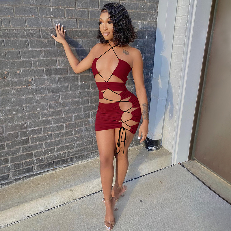 

2021HAOYUAN Sexy Bandage Hollow Mini Dress Backless Summer Dresses for Women Party Beach Wear Y2k Clothes Rave Birthday Club Outfits, Black