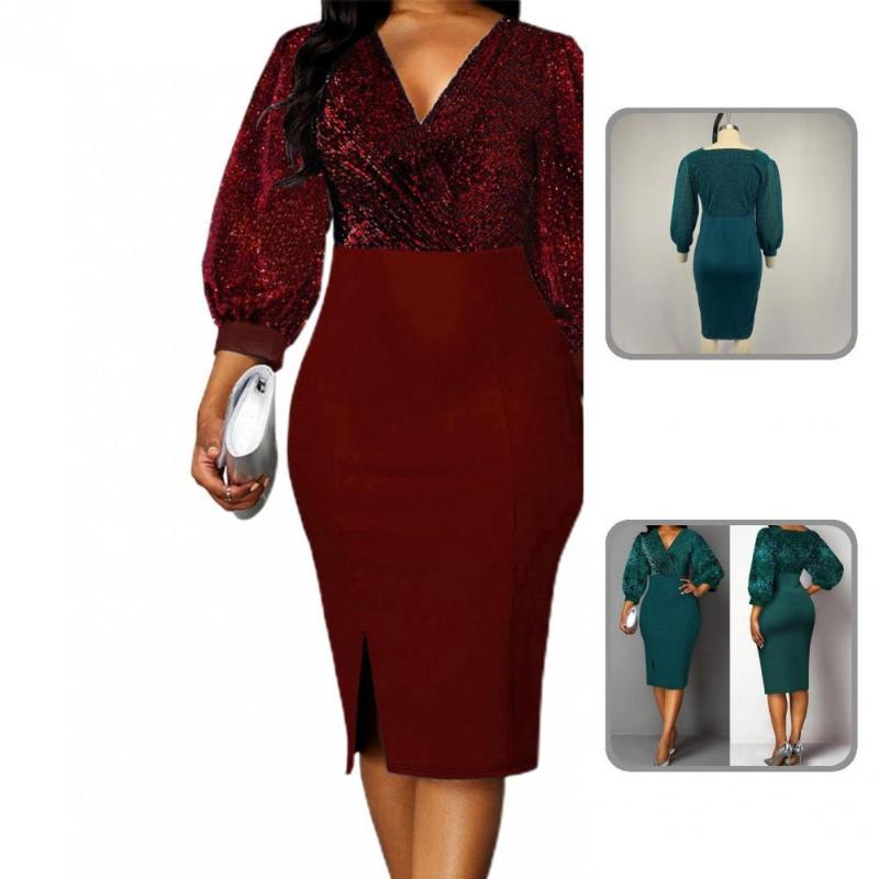 

Casual Dresses Solid Color Women Shiny V Neck Dress For Banquet Formal, Blue