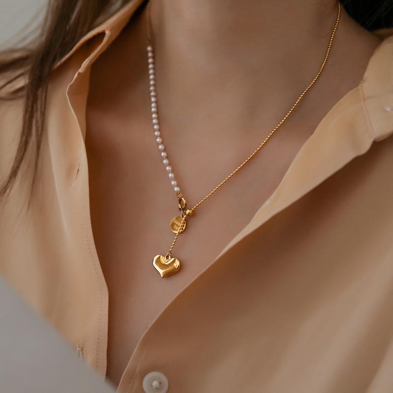 

Pendant Necklaces 2021 Korea Heart Tassel Adjustable Imitation Pearl Chain Necklace Summer Clavicle 18 K Gold Plated Titanium Steel