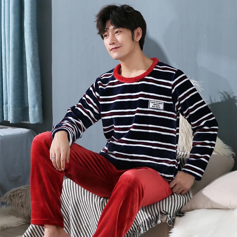 

Flannel Pajama Set Coral Fleece Thicken Casual Homewear Warm Sleepwear Boys Plus Size 3XL 4XL 5XL Men Pajamas Winter Pijama Men's, Black;brown