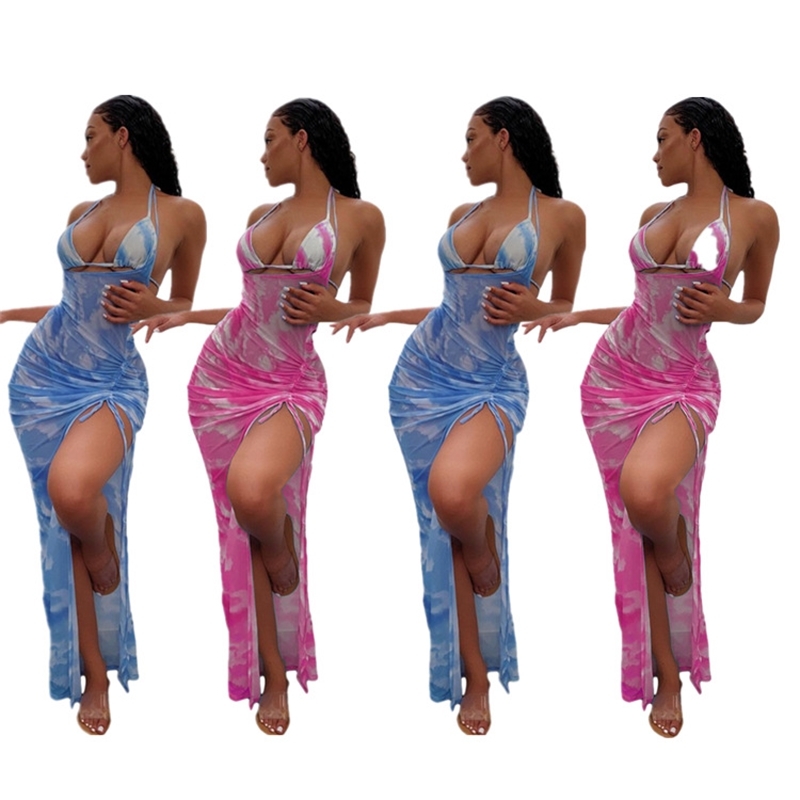 

Sm125 new mesh dress printed beach sexy bikini three piece suit, Pink