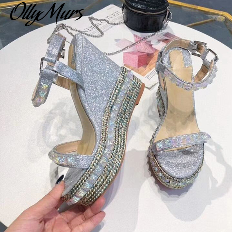 

Platform wedge Sandals women rivets studded high heels bling bling string beaded shiny glittery summer shoes, 6 cm white