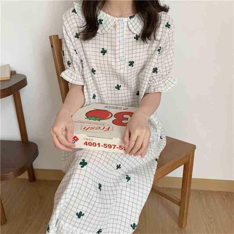 

Summer Printed Short Sleeves Plaid Cute Homerwear Loose Nightdress Pajamas Romance Florals Sweet Gentle Dress 210525, Green