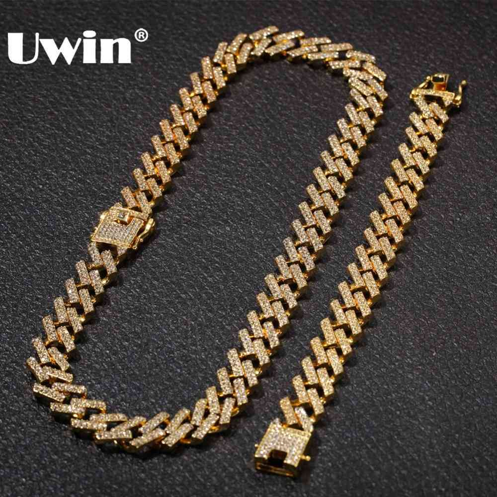 

UWIN NE+BA Fashion Jewelry Necklaces & Bracelets 15mm Fashion Gold Color Iced Out 2 Row Prong Cuban Link Chains For Men Women X0509