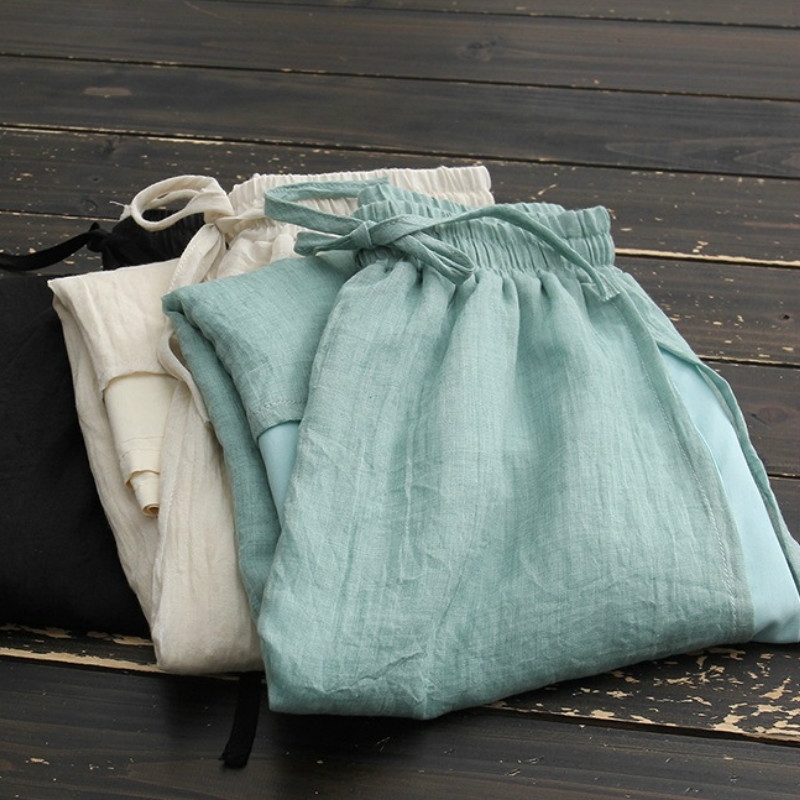 

Summer Cotton Linen Wide Leg Pants Women Casual High Waist Palazzo Loose 2 Layers Trousers Vintage Calf-length 210603, Green