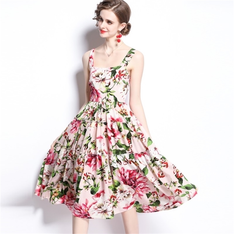 

Summer Sexy Spaghetti Strap Sweet Floral Dress Women Casual Slim Beach Party Midi Dresses Vestidos 210519, Photo color
