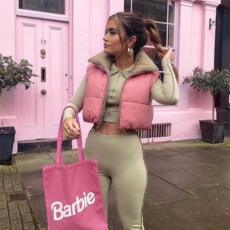 

Stylish Sweet Pink Double Wear Drawstring Cropped Vest Coat Women Fashion Stand Collar Zipper Waistcoat 211109