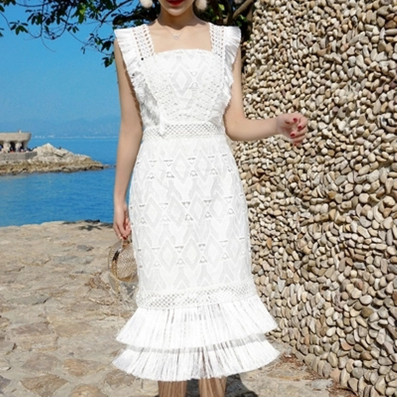

Fashion Designer Runway Dress Women's Sexy Sleeveless Tassel White Lace Casual Party Tassels es Brand vestido 210525, Picture color