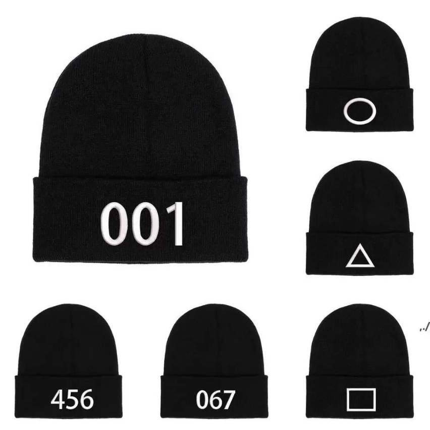 

Unisex Korean Squid Game TV Embroidery Beanies Hat Square Triangle Circle Number Embroidered Knitted Slouchy Cuff Skull Caps
