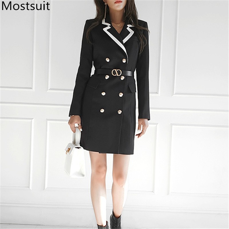 

Korean Office Double-breasted Belted Women Suit Dress Spring Full Sleeve Notched Collar Ol Style Fashion Vestidos Femme 210518, Black