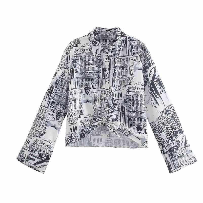 

Women Printed Shirt Button Knotted Long Sleeve Chic Lady Fashion Casual Clothes 210517, Print