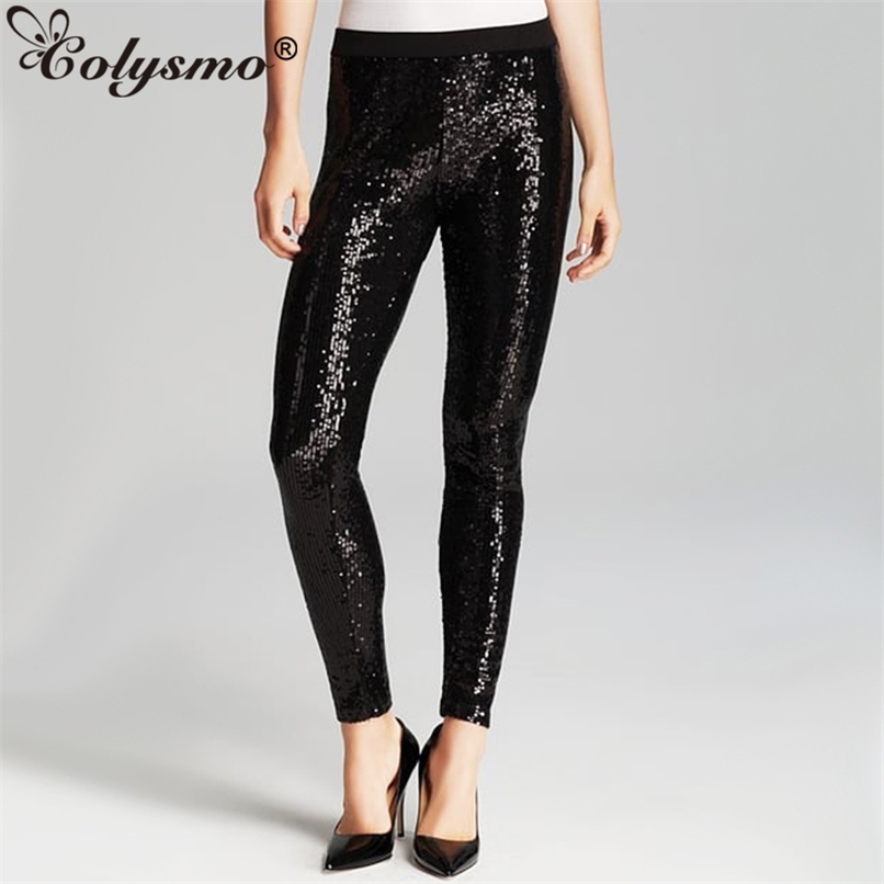 

Black Shiny Sequin Pants Women Elastic Waist Trousers Sexy Party High Long Pencil Gold Silver 210521