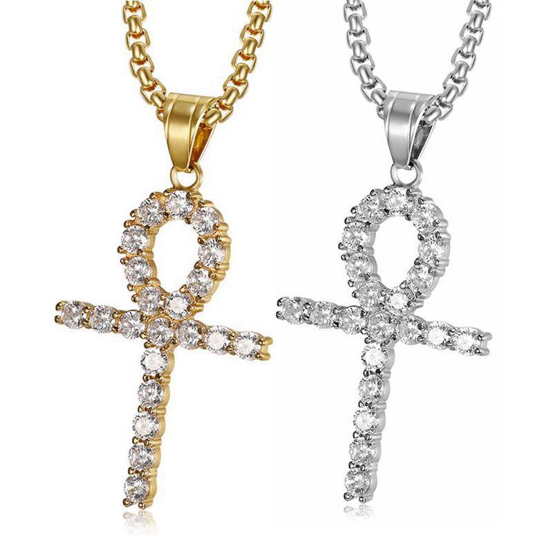 

Pendant Necklaces WANGAIYAO2021 Titanium Steel Gold-plated Inlaid Zircon Ankh Amulet Necklace Couple Birthday Men And Women, Silver