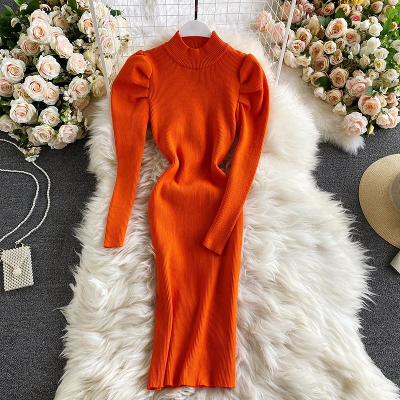 

Casual Dresses Long Puff Sleeve Party Women Knitted Bodycon Maxi Robe Skinny Sexy Ribbed Vestidos De Mujer Half High Collar Clothing, Black