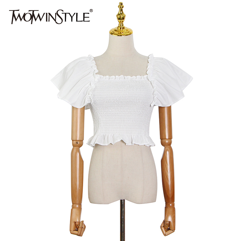 

Casual White Shirts For Women Square Collar Sleeveless Ruched Slim Short Blouses Female Korean Summer Fashion Style 210524