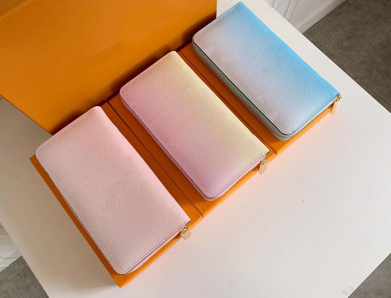 

High Quality Letter Flowers Wallets Gradient Purses Mens Womens Designer PU Leather Zipper Long Classic Letters Coin Purse Card Holder Clutch With Box, Blue