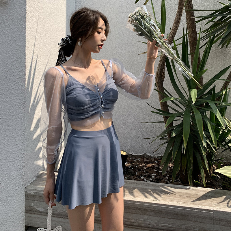 Bikini Swimsuit Split 4-piece Small Fragrance Lady Fan Lace Smock Conservative Girl Spring Dress-image-674189422