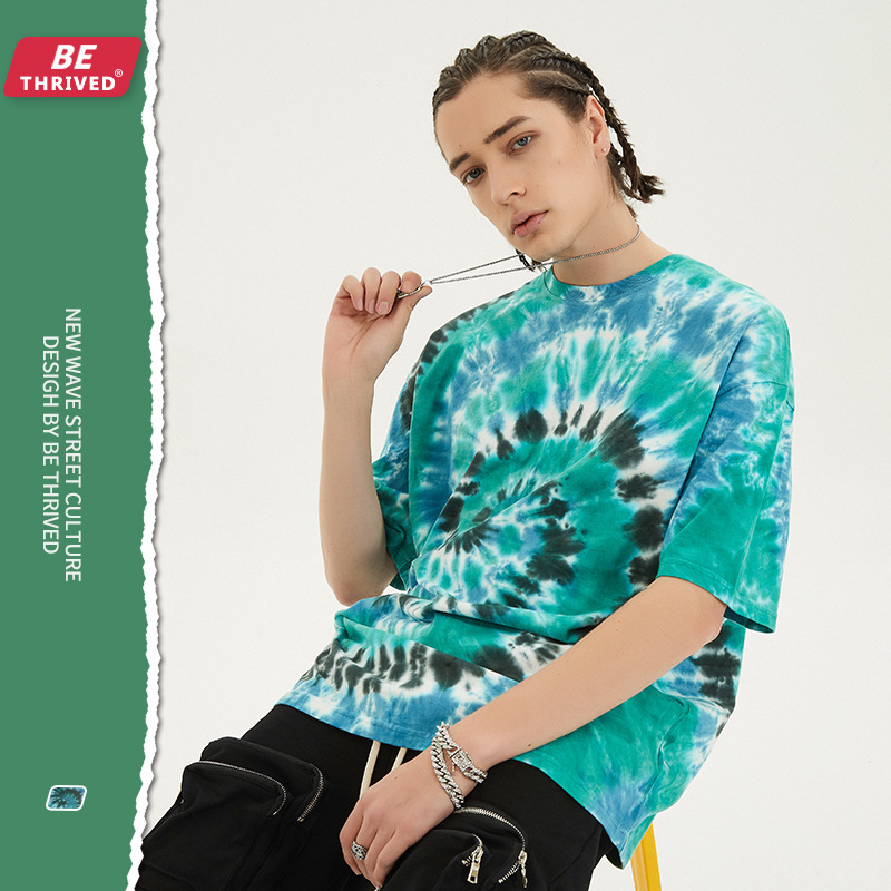 

be men's clothing - 2021 summer new multi color finish vortex tie dye loose short sve niche high street dark t-shirt, White;black
