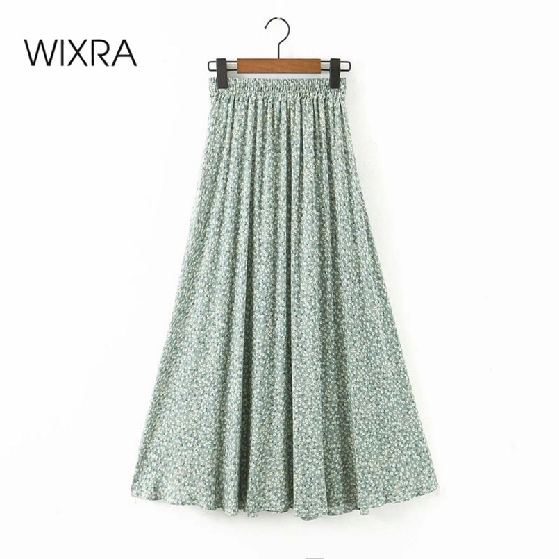 

Wixra Spring Summer A Line Skirts Elegant High Waist Floral Print Mid-Calf Green Pink Black Bottom For Lady 210708