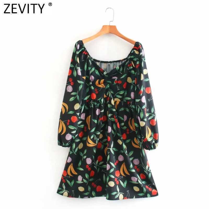 

Zevity Women Fashion V Neck Fruit Print Pleats A Line Mini Dress Female Puff Sleeve Casual Slim Chic Party Vestido DS4673 210603, As pic ds4673ld