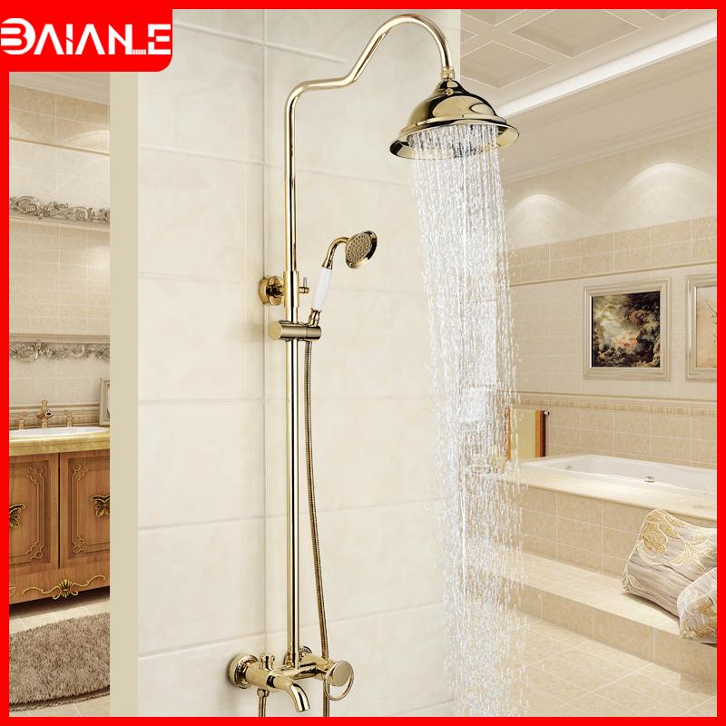 

Bathroom Shower Faucet Gold Brass Bathtub Mixer Tap Wall Mounted Water Saving Head Rainfall Set Sets