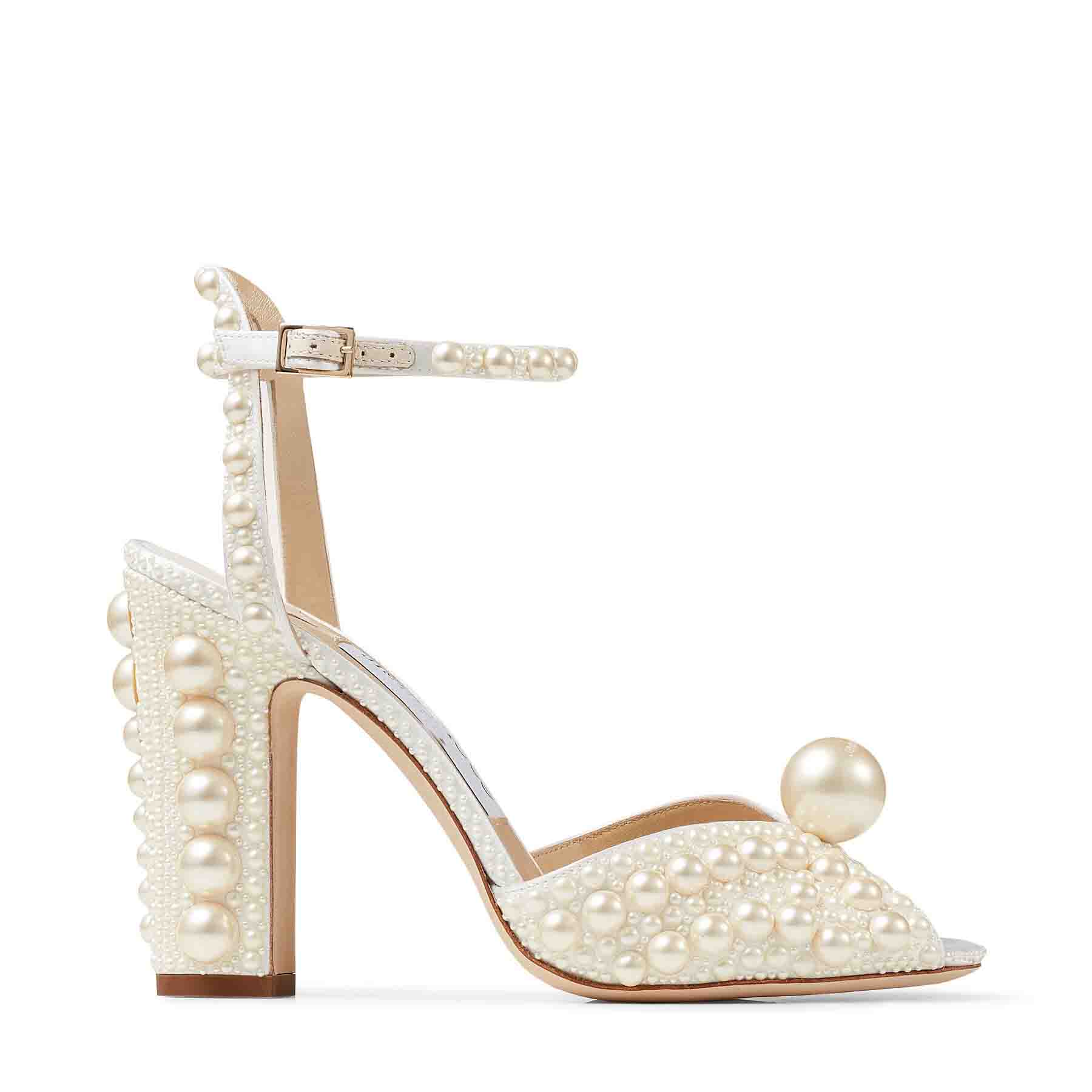 

2023 Women Wedding dress bride shoes White Satin Platform Sandals with All-Over Pearl Embellishment sandal high heel platforms ch