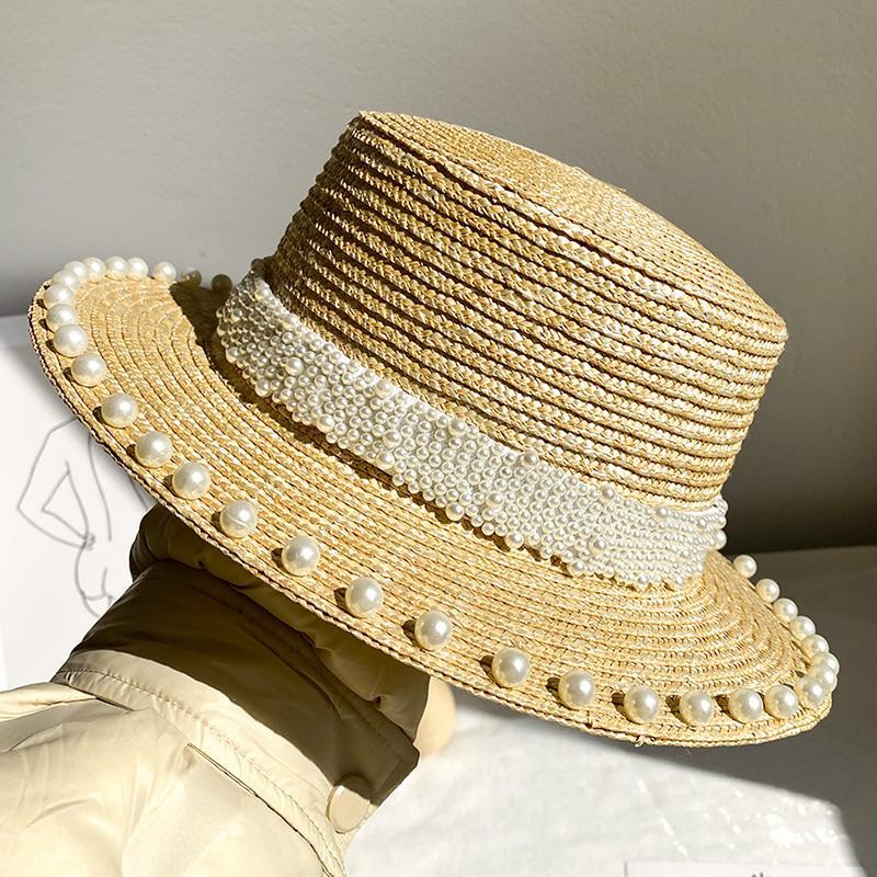 

Elegant Pearls Decoration Straw Sun Hat For Women Flat Top Jazz Panama Women's Summer Sunhat Beach Visor Cap Wide Brim Hats, Khaki