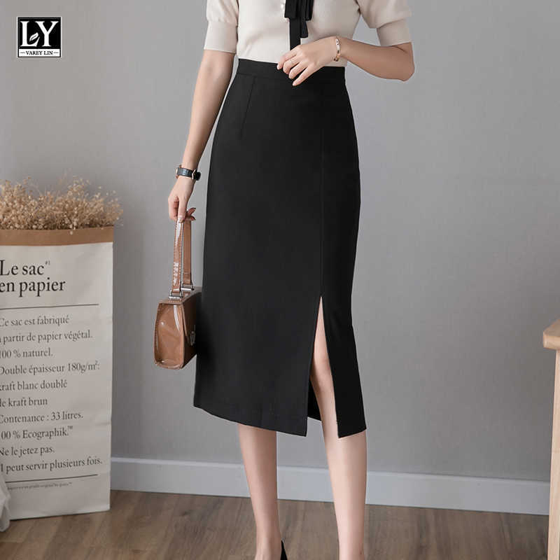 

LY VAREY LIN Spring Summer Casual Female Solid Color Streetwear Black Skirts Women High Waist Slim Fit Split Midi Skirt 210526, Green