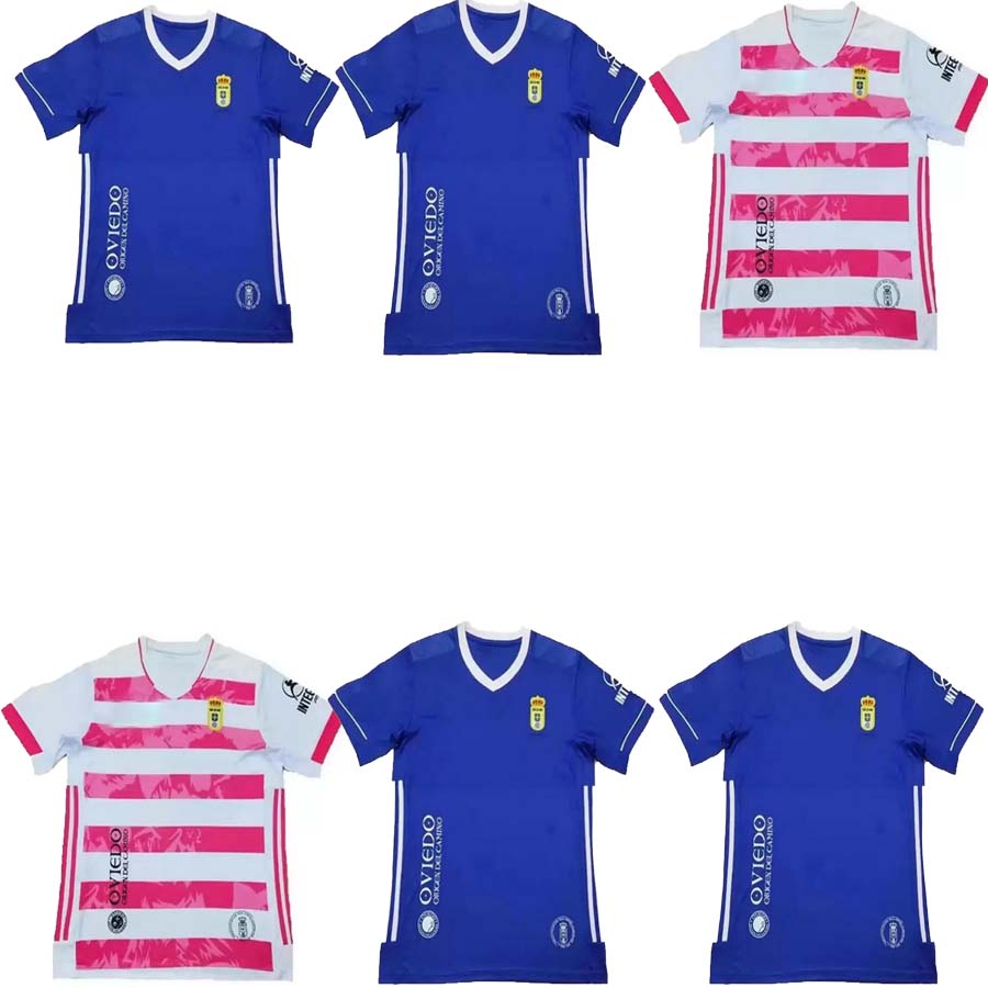 

21 22 Real Oviedo Mens Soccer Jerseys BORJA BRUGMAN POMBO JAVI MIER BORJA.S JIRKA C. ISAAC Home Blue Away White Pink Football Shirt Uniforms