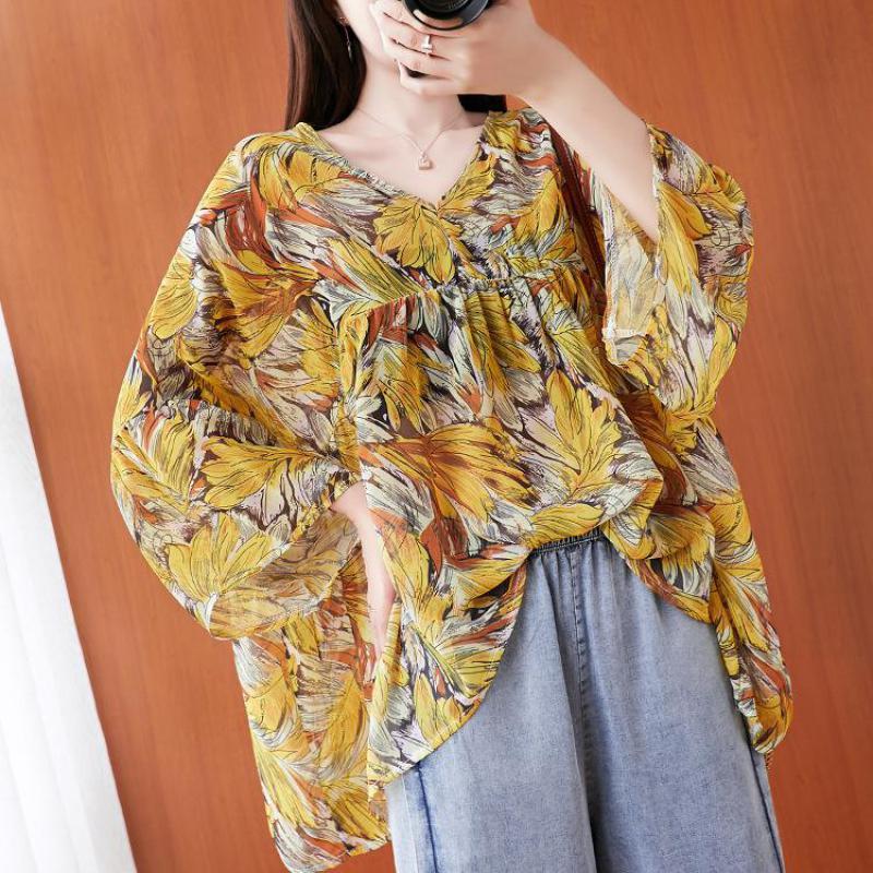 

Johnature Autumn Korean Retro Print V-neck Leisure All-match T-shirt Loose Comfortable Plus Size Irregular Women Tops 210521, Yellow