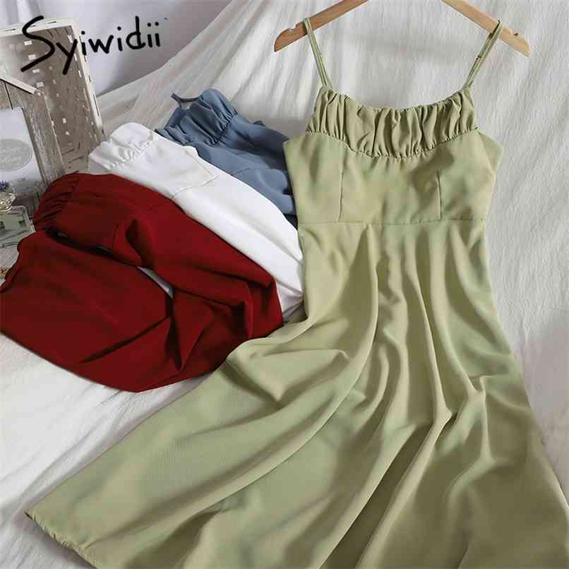 

Fashion Backless High Waist Spaghetti Strap Dresses Women Sleeveless A-line Solid Green Clothing Summer Korean 210607, Blue