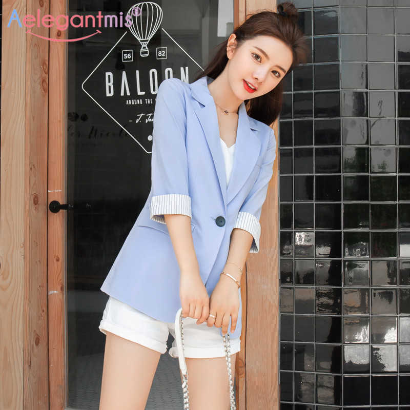 

Aelegantmis Casual Women Blazer Pockets Jackets Office Ladies Business Blazers Female Retro Suits Coat Outerwear White Black 210607, Blue