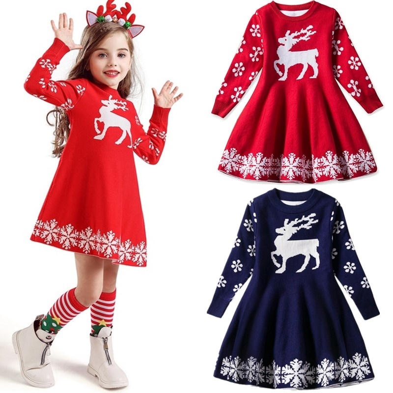 

Sweater Christmas Full Sleeve Knit Dresses For Girls 3 6 8 Yrs Kid Party Reindeer Snowflake Children New Year Red Costume, Silver