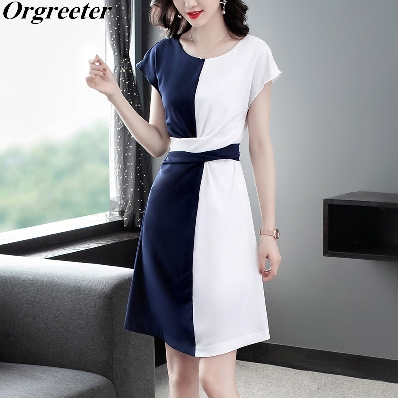 

Summer Simple A-line Dress for Women Temperament Round-neck Flying Sleeve Color contrast Cross Waist Knee-length 210525, Blue
