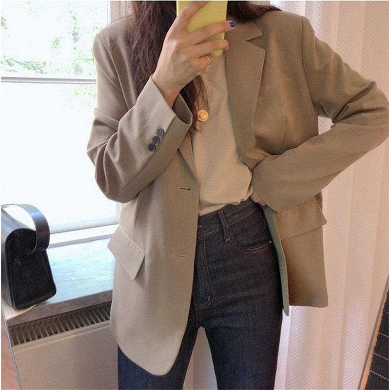 

Women' Suits & Blazers GOOHOJIO 2021 Single-breasted Vintage Women Autumn Pocket Blazer Jackets Solid Color Oversized Ladies Coats, Black