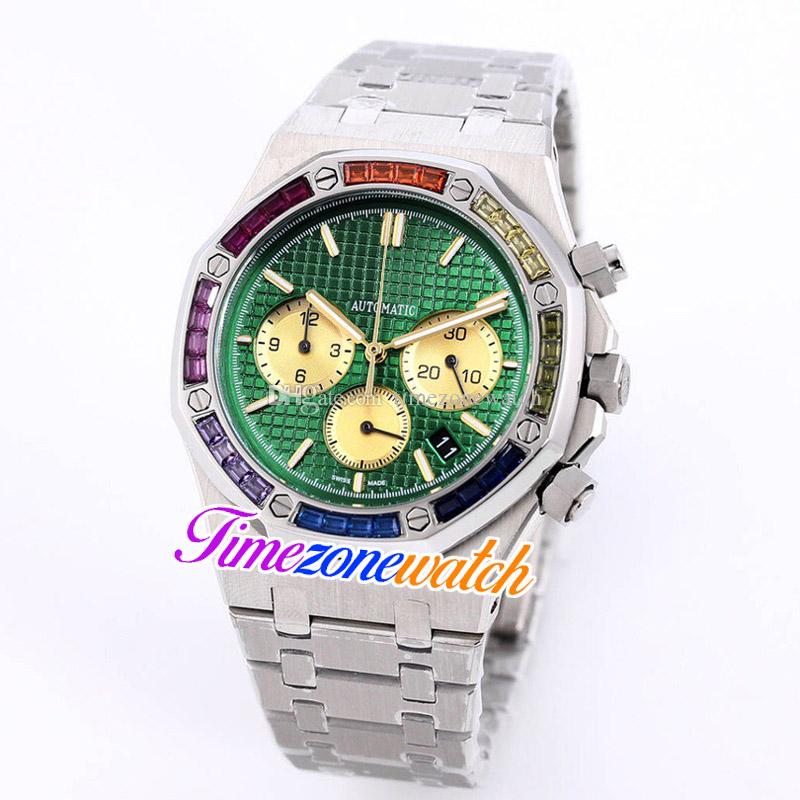 

K8F 41mm Miyota Quartz Chronograph Mens Watch Green Texture Dial Gold Subdial Rainbow Diamond Bezel Stainless Steel Bracelet Watches Timezonewatch, A24b (4)